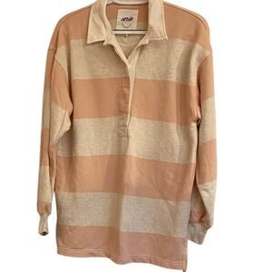 Aerie Striped Peach and Cream Long Sleeve Polo Shirt Sz XS Warm Work